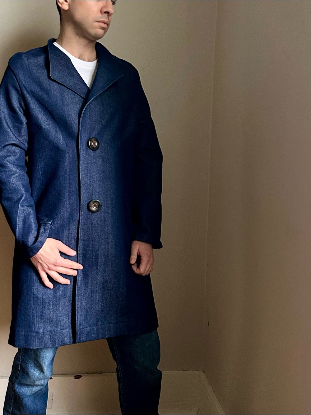 Unique Vintage Longline Denim Coat – Handmade – Unisex – Deep Indigo Blue
